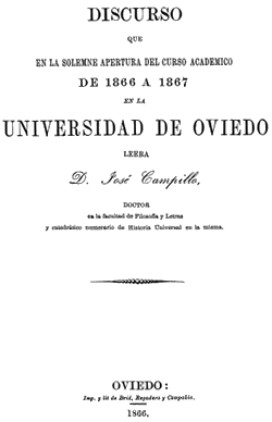 José Campillo Rodríguez, Discurso de apertura del curso 1866 a 1867 en la Universidad de Oviedo