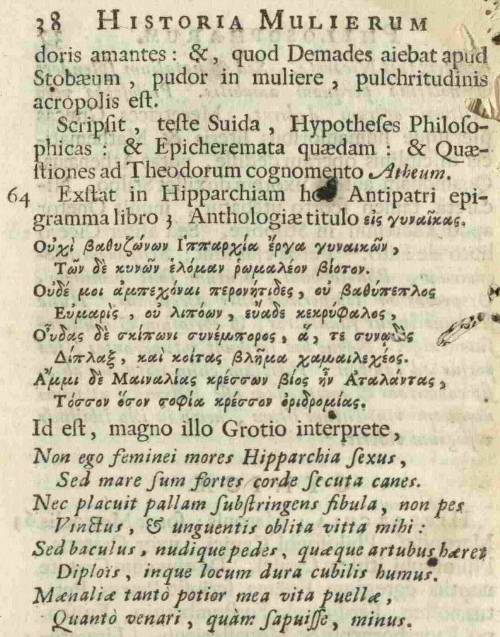 Hiparquia en Gil Ménage, Historia mulierum philosopharum, Amsterdam 1692, página 39