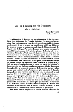Jean Hyppolite, Vie et philosophie de l'histoire chez Bergson | Mendoza 1949