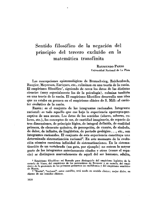 Raymundo Pardo, Sentido filos&oacute;fico de la negaci&oacute;n del principio del tercero exclu&iacute;do en la matem&aacute;tica transfinita | Mendoza 1949