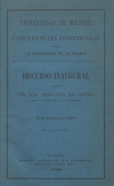 Fernando de Castro, Discurso inaugural: Carácter de la educación de la mujer. Conferencia dominical, Madrid 21 febrero 1869 cubierta