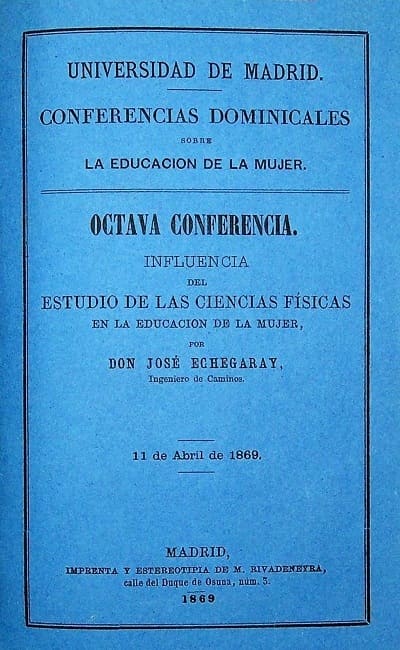 José Echegaray, Influencia del estudio de las ciencias físicas en la educación de la mujer. Octava conferencia dominical sobre la educación de la mujer, Madrid 11 abril 1869 cubierta