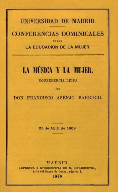 Francisco Asenjo Barbieri, La música y la mujer. Conferencia leída en Madrid 25 abril 1869 cubierta