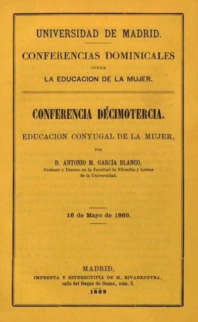 Antonio M. García Blanco, Educación conyugal de la mujer. Décimotercia conferencia dominical sobre la educación de la mujer, Madrid 16 mayo 1869 cubierta
