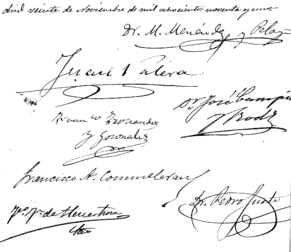 Firmas del tribunal de oposiciones constituido el 20 de noviembre de 1891 para la cátedra de Metafísica de la Habana