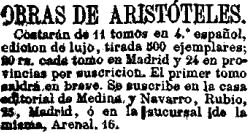 Anuncio de las Obras de Aristóteles por Patricio de Azcárate, La Correspondencia de España, Madrid 7 de julio de 1873, pagina 1, columna 1