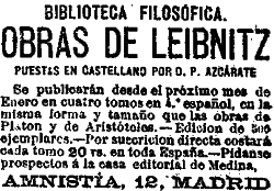 Anuncio de las Obras de Leibniz por Patricio de Azcárate, La Correspondencia de España, Madrid 8 de diciembre de 1877, pagina 1, columna 4