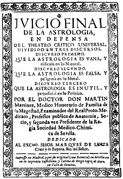Martín Martínez, Juicio Final de la Astrología (portada de la reedición de Sevilla 1727)