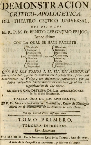 Martín Sarmiento, Demostración crítico apologética, 1732, tercera impresión 1779
