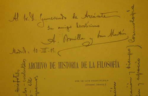 Archivo de Historia de la Filosofía, dedicado por Adolfo Bonilla a Gumersindo de Azcárate el 10 de septiembre de 1905
