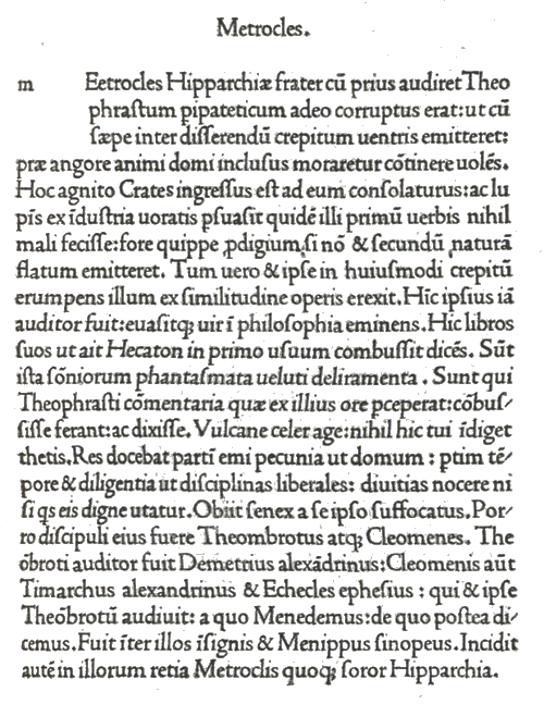 Metrocles en Laertii Diogenis vitae et sententiae eorum qui in philosophia probati fuerunt, 1475