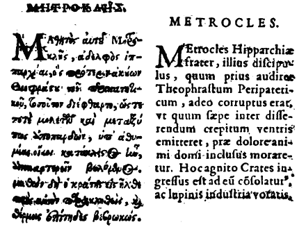 Metrocles en Diogenis Laertii de vitis, dogmatis & apophthegmatis clarorum Philosophorum, 1616