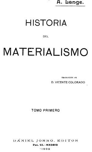 Federico Alberto Lange, Historia del materialismo, portada del tomo 1