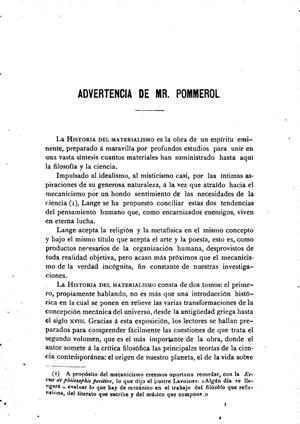 Federico Alberto Lange, Historia del materialismo, Advertencia de Mr. Pommerol