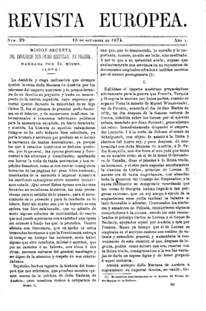 A. Rodríguez Villa, Misión secreta del embajador Don Pedro Ronquillo, en Polonia, 1874